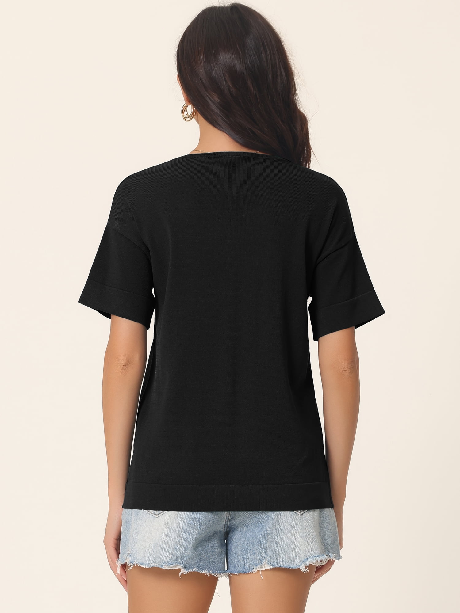 Unique Bargains Women's Short Sleeve T Shirts Basic Knit Tops Loose Solid Color Blouse XL Black