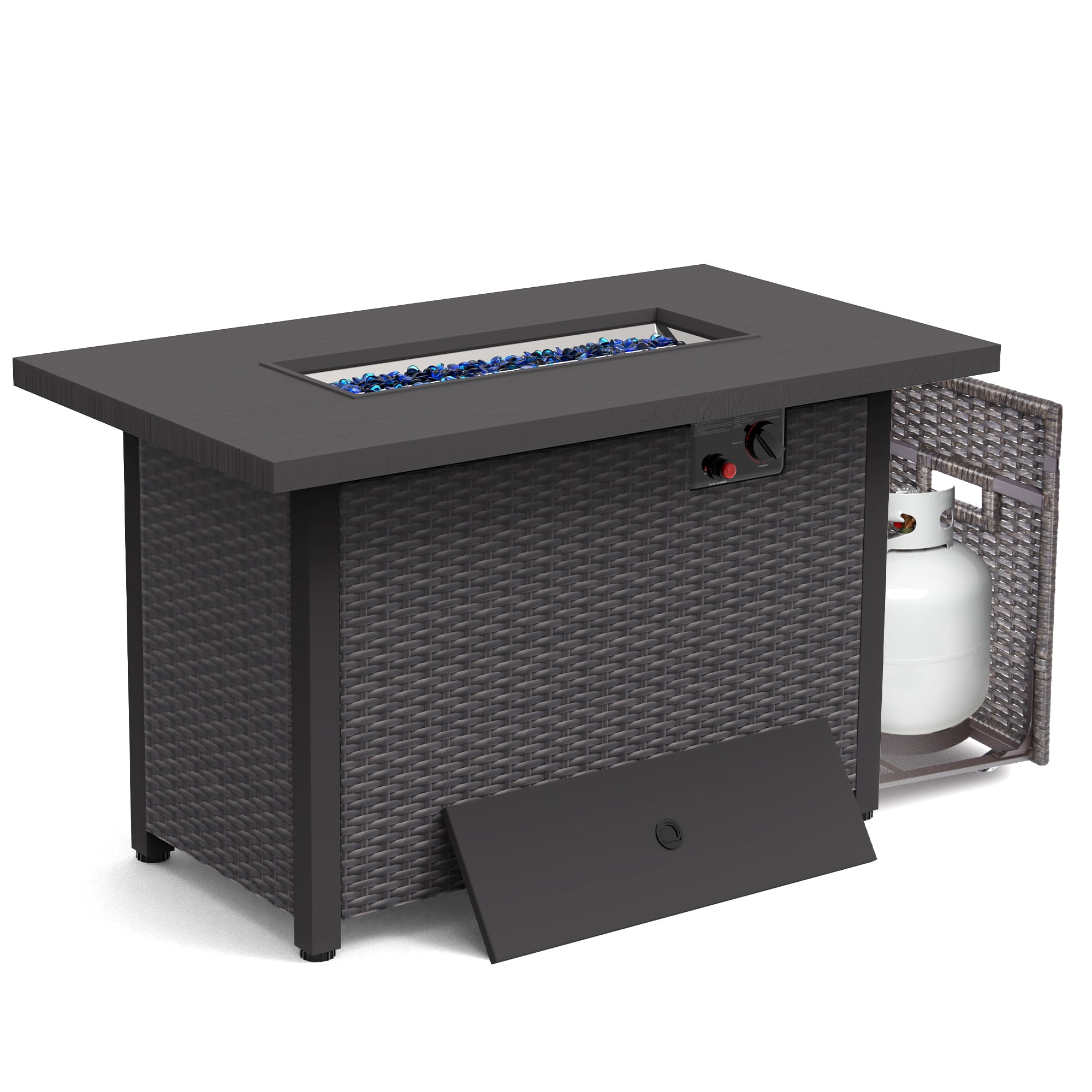 GOJOOASIS 42” Fire Pit Table, Propane Fire Pit with Metal Tabletop Auto-Ignition Outdoor Rattan Fire Pit with Glass Wind Guard & Waterproof Cover
