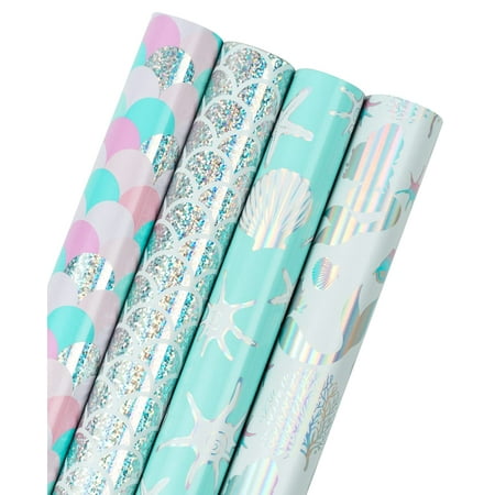 WRAPAHOLIC 30 Inch PresNok Mermaid Wrapping Paper - Jumbo Roll Colorful Foil Girls Wrapping Paper for Kids Girls Birthday, Baby Shower - 4 Rolls - 30 Inch X 120 Inch Per Roll