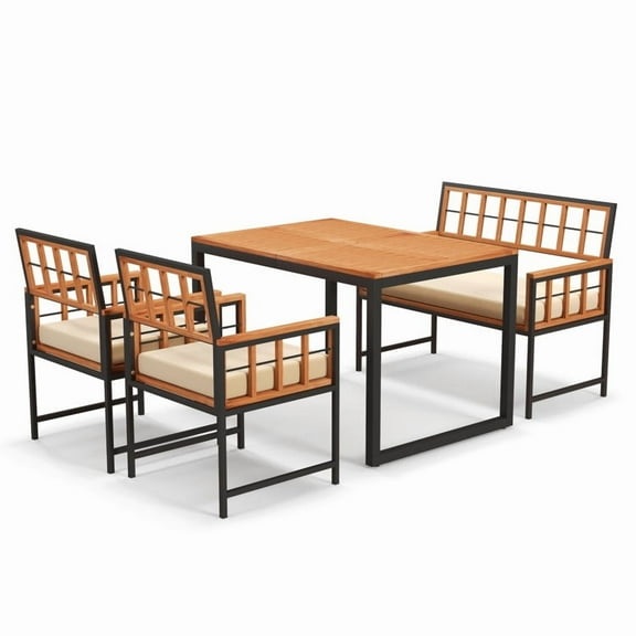 Barara King Patio Dining Sets, Patio Table and Chairs Set, 4 Pieces Acacia Wood Patio Dining Set with 1 Rectangular Table-Natural