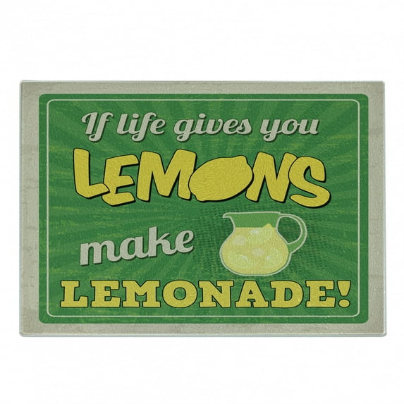 Saying Cutting Board, Vintage Pop Art Advertising Design If Life Gives You Lemon Make Lemonade, Decorative Tempered Glass Cutting and Serving Board, Small Size, Green Yellow and Tan, by Ambesonne