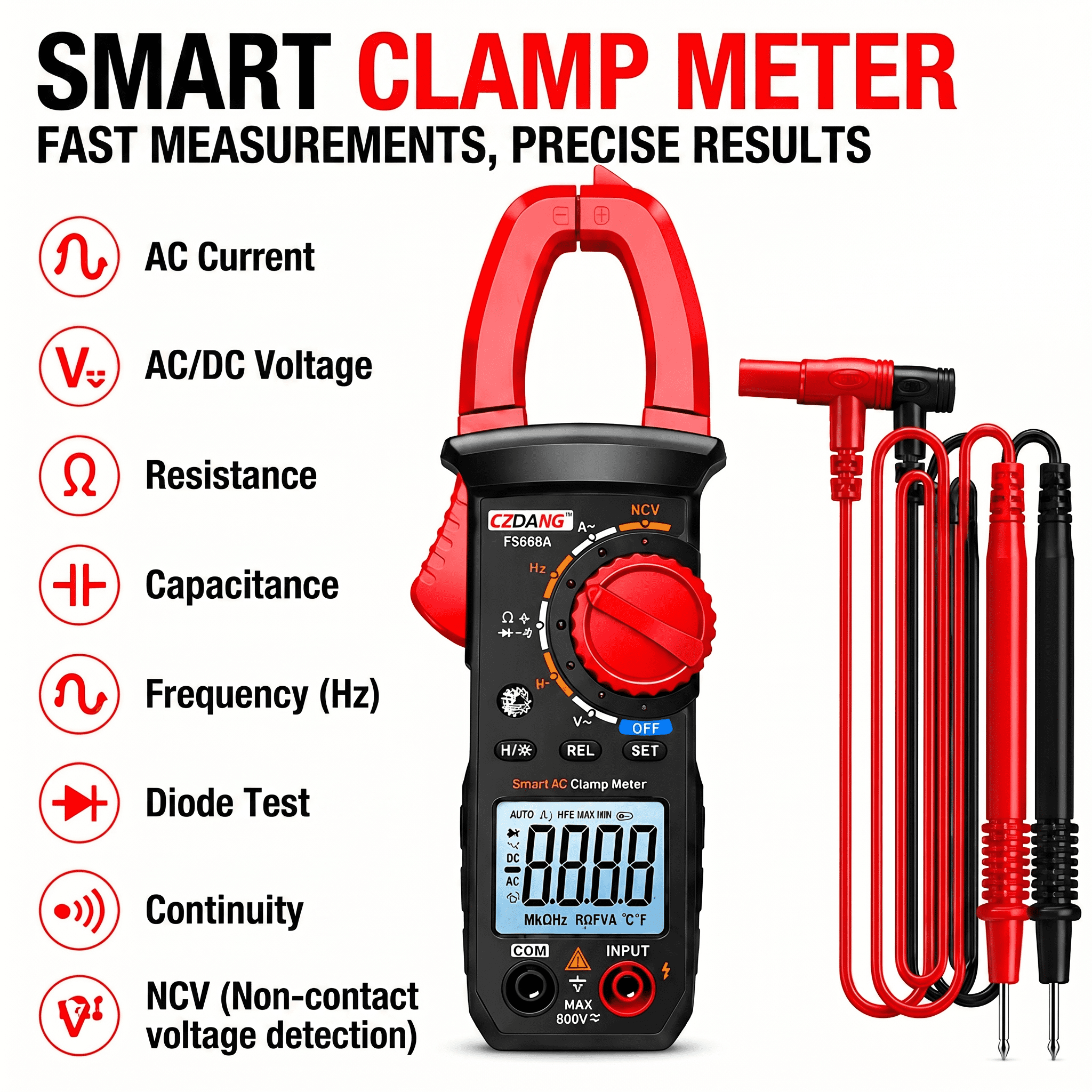 Digital Clamp Meter Multimeter, 4000 Counts AC/DC Voltage & Current Tester with NCV, Live Wire Detection, LED Flashlight for Home & Automotive