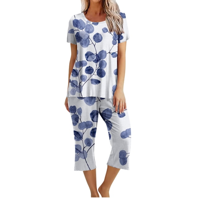 Ensemble de Pyjama pour Femmes Shorts Femmes Imprimé Col Rond Manches Courtes Chemise de Nuit et Ensembles Pantalon Tenue d'Intérieur Pyjamas avec Poches Hauts à Manches Courtes pour Femmes Ensemble de Pyjama pour Femmes Été