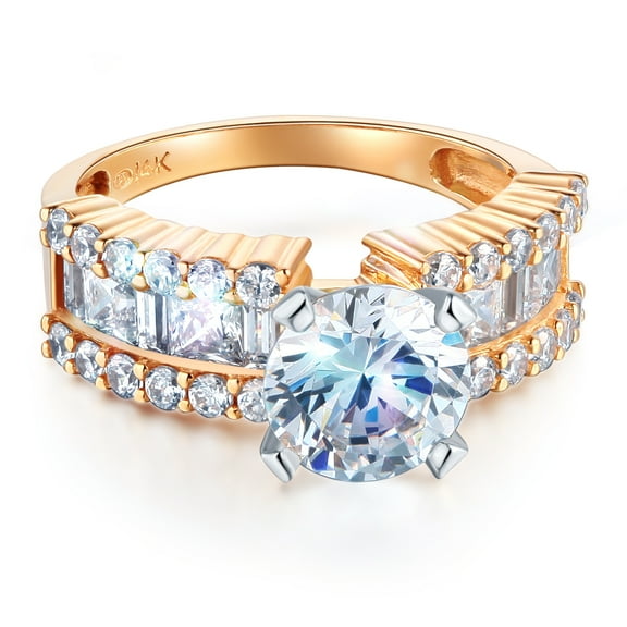 Wellingsale Ladies Solid 14k Yellow Gold Polished CZ Cubic Zirconia Round Cut Engagement Ring with Side Stones - Size 4