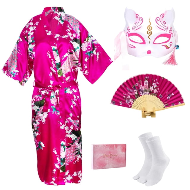 Bata kimono CRFASIBE talla 3XL con estampado de pavo real, set de 4 piezas
