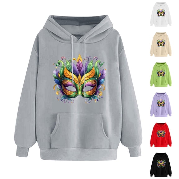 VBTAPA Womens Mardi Gras Hoodies Carnival Themed Party Sweatshirts Novelty Printed Long Sleeve Drawstring Pullover Hoodie Celebration Parade Tops Black M