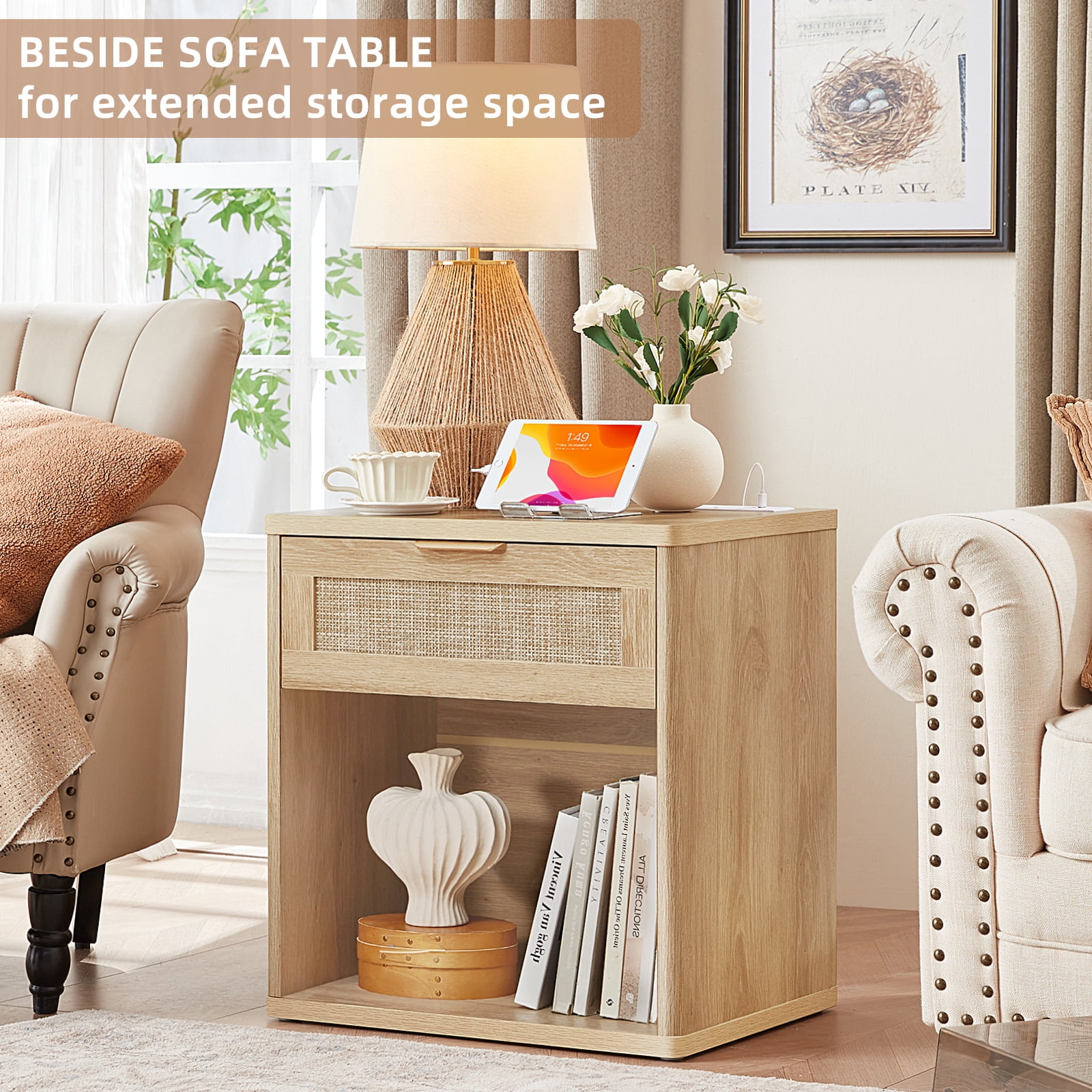 LELELINKY Rattan Nightstand with Charging Station, 23" Wide Boho Bedside Table with Drawer and Shelf for Bedroom, Living Room, Wood