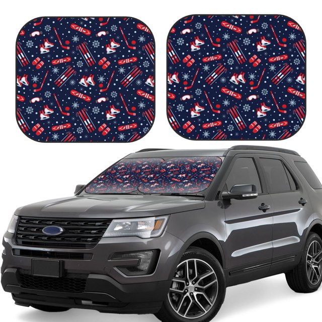Balery Winter Skiing Snowflakes Parasol para parabrisas de coche de 2 piezas | Parasol plegable para parabrisas delantero de coche para la mayoría de sedanes-Medium