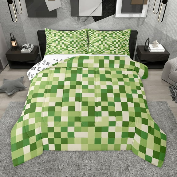 Homewish Pixel Artistic Bedding Comforter Set,Green Beige Twin Comforter Sets,Modern Geometric Aesthetic Bedding Set For Girl Boys,Breathable Home Decor Reversible,2pcs