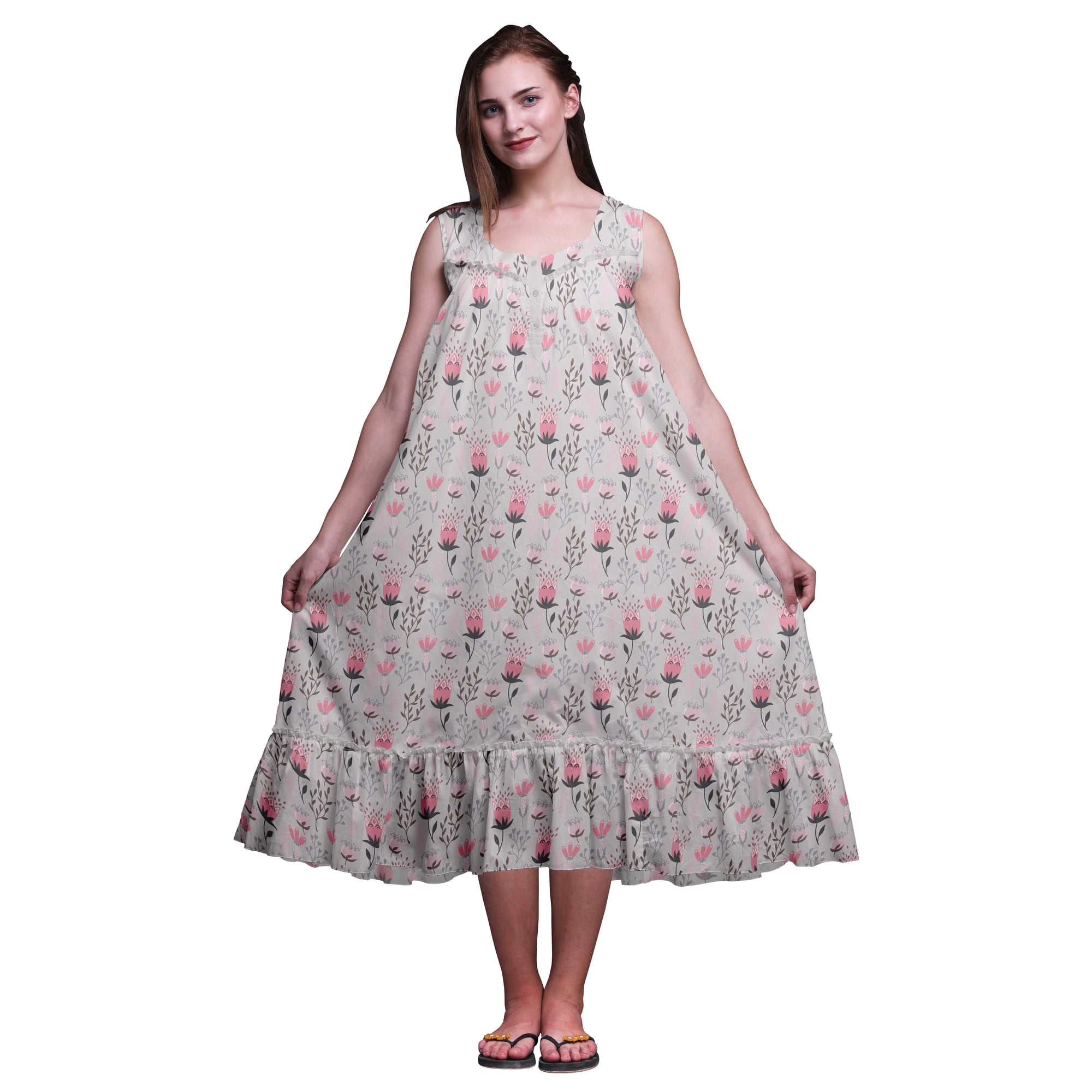 Bimba Light Gray Leaves Tribal Printed Cotton Nightgowns For Women Sleeveless Gown Sleepwear Maxi Dress X-Large