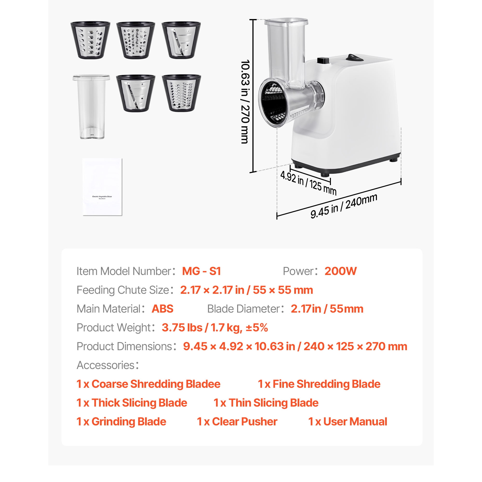 KFFKFF Electric Cheese Grater and Salad Maker, 200W Vegetable Slicer and Shredder with 5 Attachments, Stainless Steel Food Processor for Fruits, Vegetables, and Cheeses