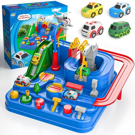 Lucky Doug Adventure Race Car Toys for 3-6 Years Old Boys, Car Rescue Adventure Toys with 4 Mini Car, Manually Operated Car Playset Educational Toys for Kids, Gifts for Boys Ages 3 4 5 6