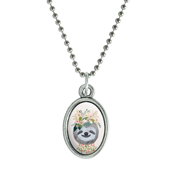 Happy Sloth Flowers in Hair Antiqued Oval Charm Pendant with Chain