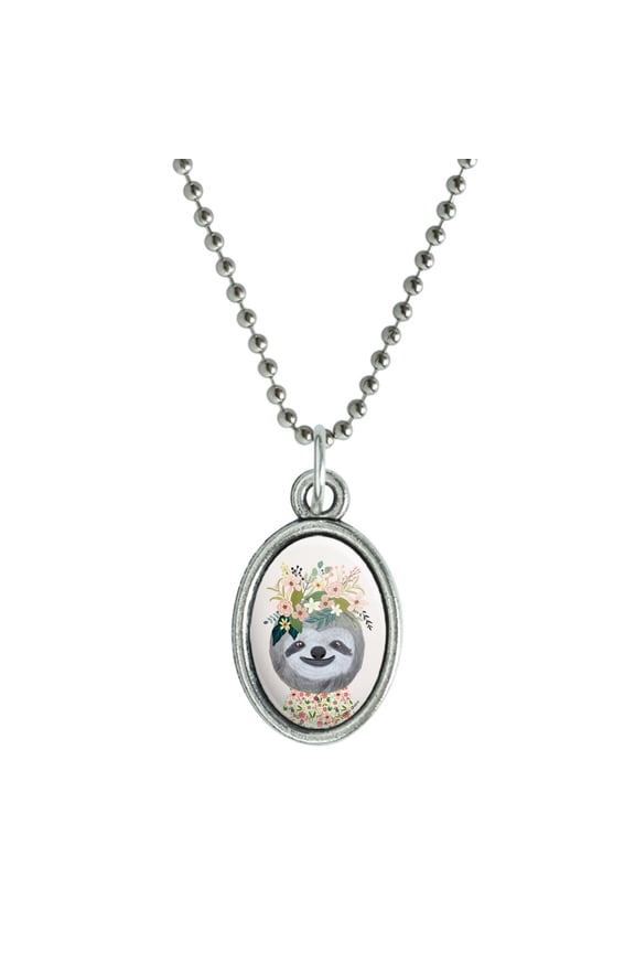 Happy Sloth Flowers in Hair Antiqued Oval Charm Pendant with Chain