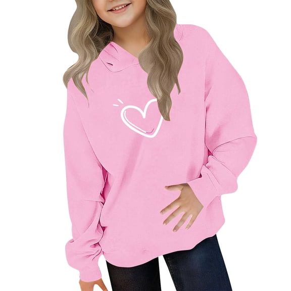 Eltusu Girls Valentine's Day Hoodies, Heart Graphic Pullover Loose Fit Comfy Long Sleeve Sweatshirts Pink Size 3-14 T