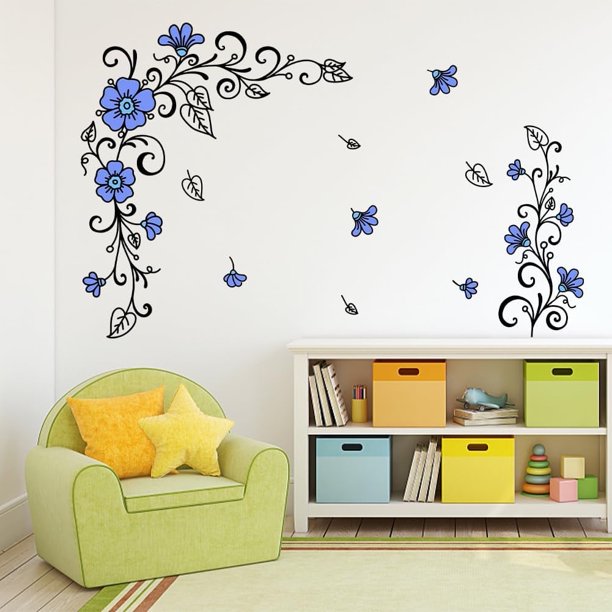 Calcomanías de pared con flores azules, ramas de vid, hojas, decoración de pared, vinilos extraíbles para dormitorio, sala de estar, oficina, sofá, telón de fondo, pared de TV, decoración del hogar