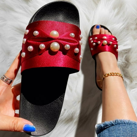 

Fashion Spring And Summer Women Slippers Flat Bottom Large Size Pearl Beach Shoes Red 9