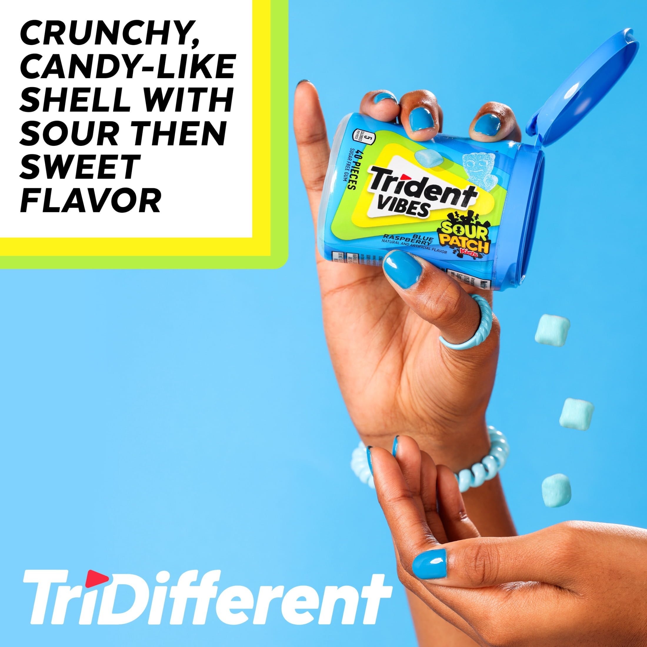 Trident Vibes Sour Patch Kids Sugar Free Gum, Blue Raspberry, Regular Size, 40 Piece Bottle