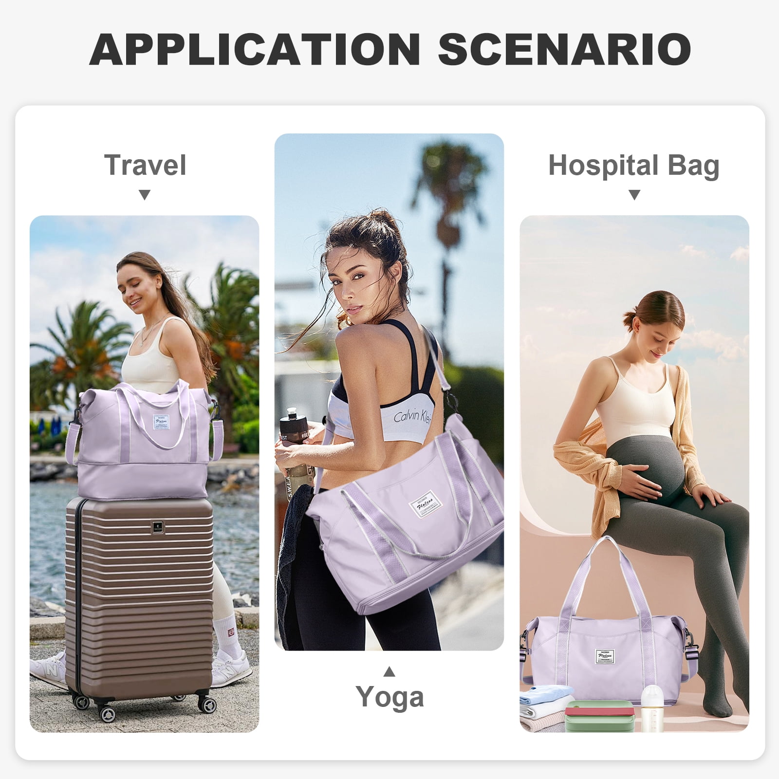 Travel Bag, Waterproof Duffel Gym Tote Bag, Weekender Carry On Overnight Bags for Women Men Approved Personal Item Bag for Airlines with Trolley Sleeve, Travel Duffel Bags, Purple White