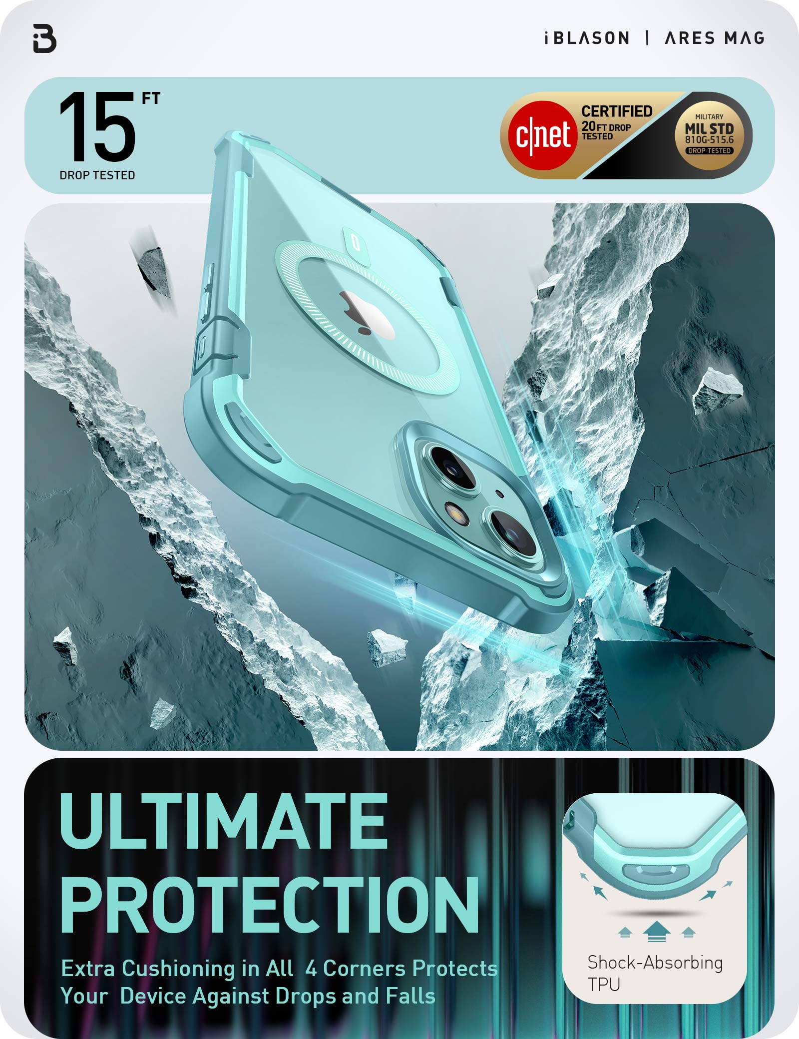 i-Blason AresMag for iPhone 15 Plus Case [6.7 inch], [MagSafe Compatible] Full-Body Dual Layer Anti-Slip Shockproof Rugged Clear Bumper Case with Built-in Screen Protector (SeaFoam)