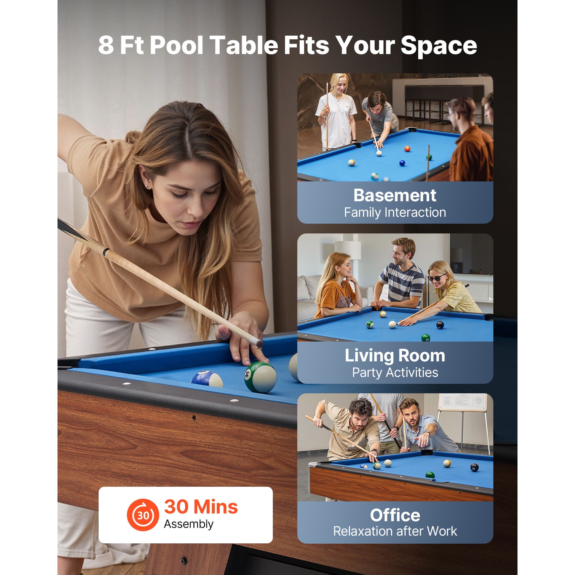 KFFKFF 8 ft Portable Billiards Table with Wood Finish, Adjustable Feet, Includes Balls, Cues, Rack, Chalks, Brush, and Blue Cloth, Ideal for Family Fun and Recreation Rooms