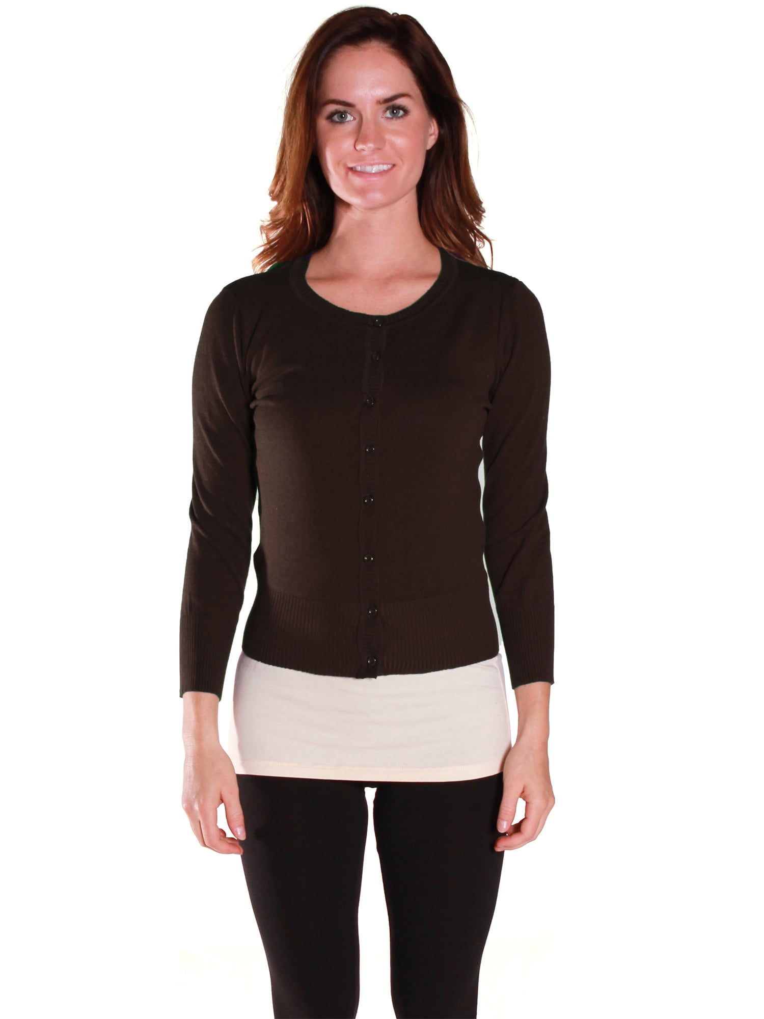 Active USA Junior Women's Knit Basic Round Neck Cardigan Sweater