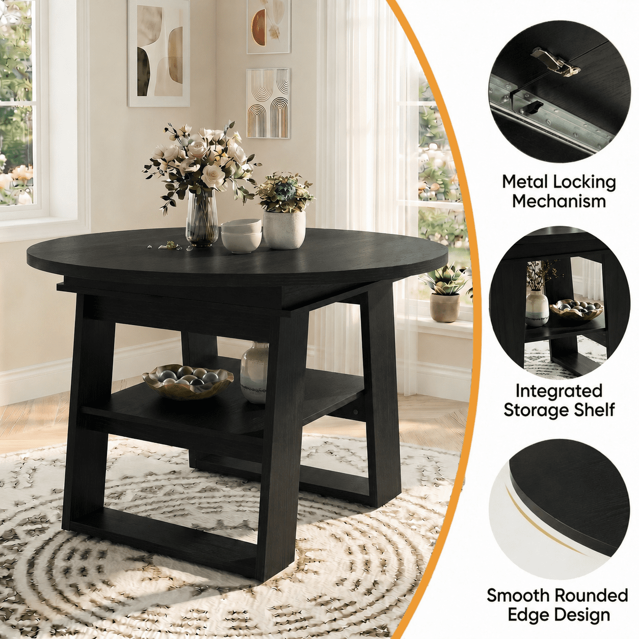 Extendable Round Dining Table 43.3-59 Inch, Round to Oval Kitchen Table with Flip Up Extension Leaf and Storage Shelf, Black