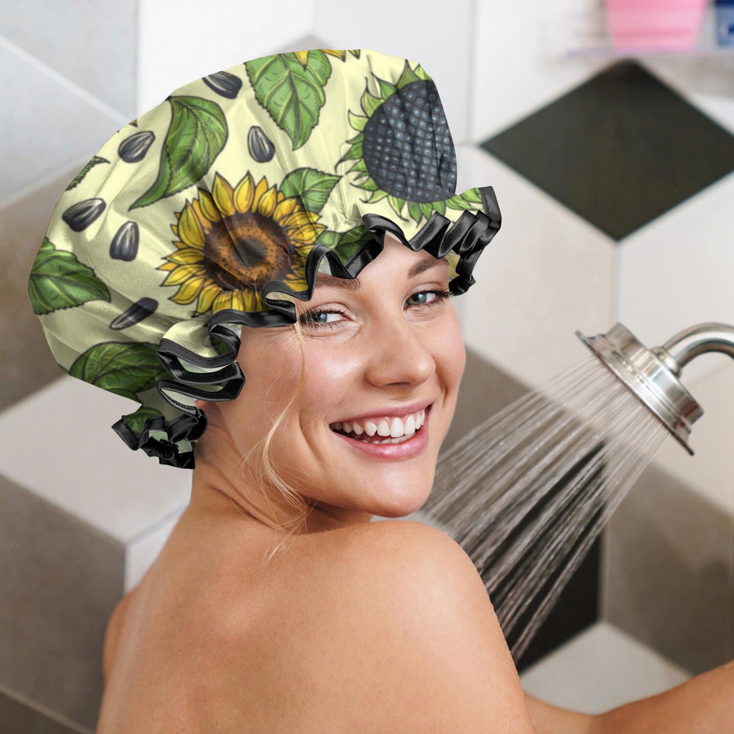 Shower Caps,Yellow Sunflower Seed Pattern Waterproof Shower Cap for Women 4 Pieces,Double Reusable Hair Cover for Shower PEVA Elastic Stretch Hem
