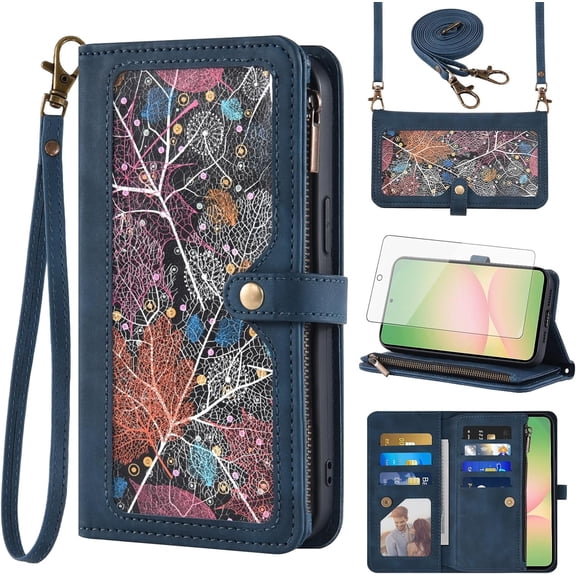 Asuwish Phone Case for Samsung Galaxy A56 5G Wallet Cover With Tempered Glass Screen Protector Crossbody Wrist Strap Flip Pattern Zipper Credit Card Holder Stand Slot Cell A 56 56A LTE Women Men Blue