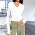 thumbnail image 3 of Trendy Long Sleeve Shirts for Women Fall Fashion V Neck Crop Slim Fitted Y2K Tops Outfits Clothes White S, 3 of 5