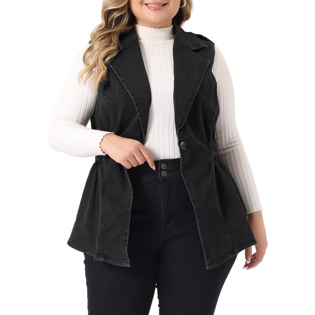 Unique Bargains Veste en Jean Sans Manches pour Femmes Grande Taille, Col Cranté, Boutons, Noir 3X