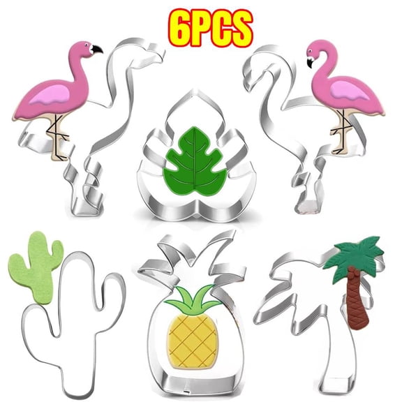6PCS Hawaiian Cookie Cutter Set, Cactus, Flamingo, Monstera Leaf, Pineapple, Palm Tree - Tropical Cookie Cutters for Summer Parties