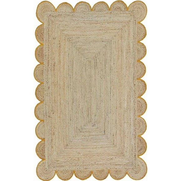 2.6x15 Ft Yellow Border Premium Scalloped Jute Rug – Handcrafted Natural Braided Carpet for Living Room, Bedroom, Entryway – Boho Home Decor