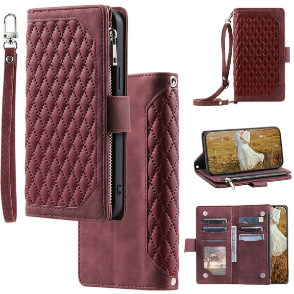 for iPhone 16 Plus Crossbody Wallet Case Flip Stand PU Leather RFID Blocking Card Slots Shockproof Magnetic Closure Zipper Pocket with Detachable Hand Strap&Shoulder Strap Cover, Winered