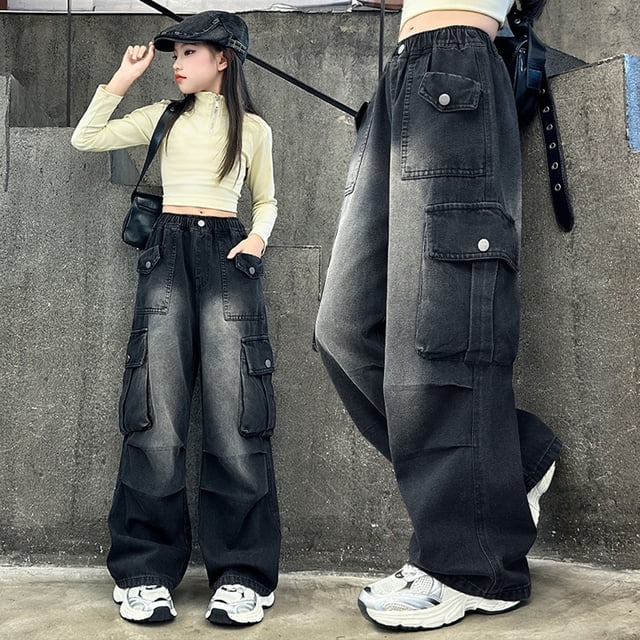 WILLBEST Pantalones Mujer Pantalones Vaqueros de Pierna Ancha a La Moda para Niñas, Pantalones Vaqueros Cargo Casuales Con Cintura Elástica, Pantalones de Personalidad Urbana Con Bolsillos 10-11 Years