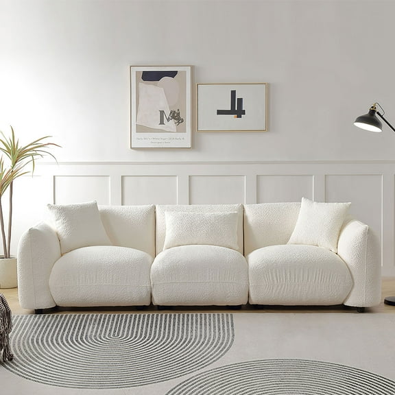 Kevinplus 3 Seater Sofa Mid Century Lamb Wool Fabric, Beige