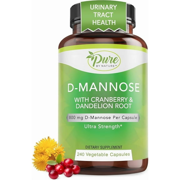 Pure By Nature 600mg D-Mannose Vegan Capsules with Cranberry & Dandelion Extract, Urinary Tract Health Support, Flush Impurity, Detox Body, 240 Count