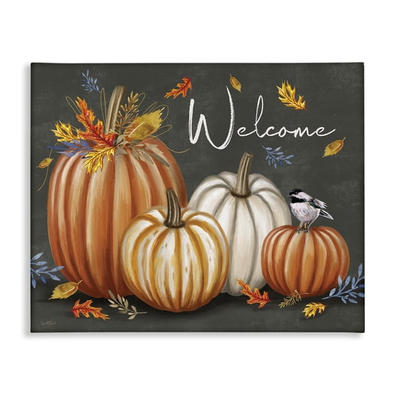 Stupell Industries Welcome with Autumnal Pumpkins Holiday Painting Wrapped Canvas Art Print Wall Art, 20 x 16