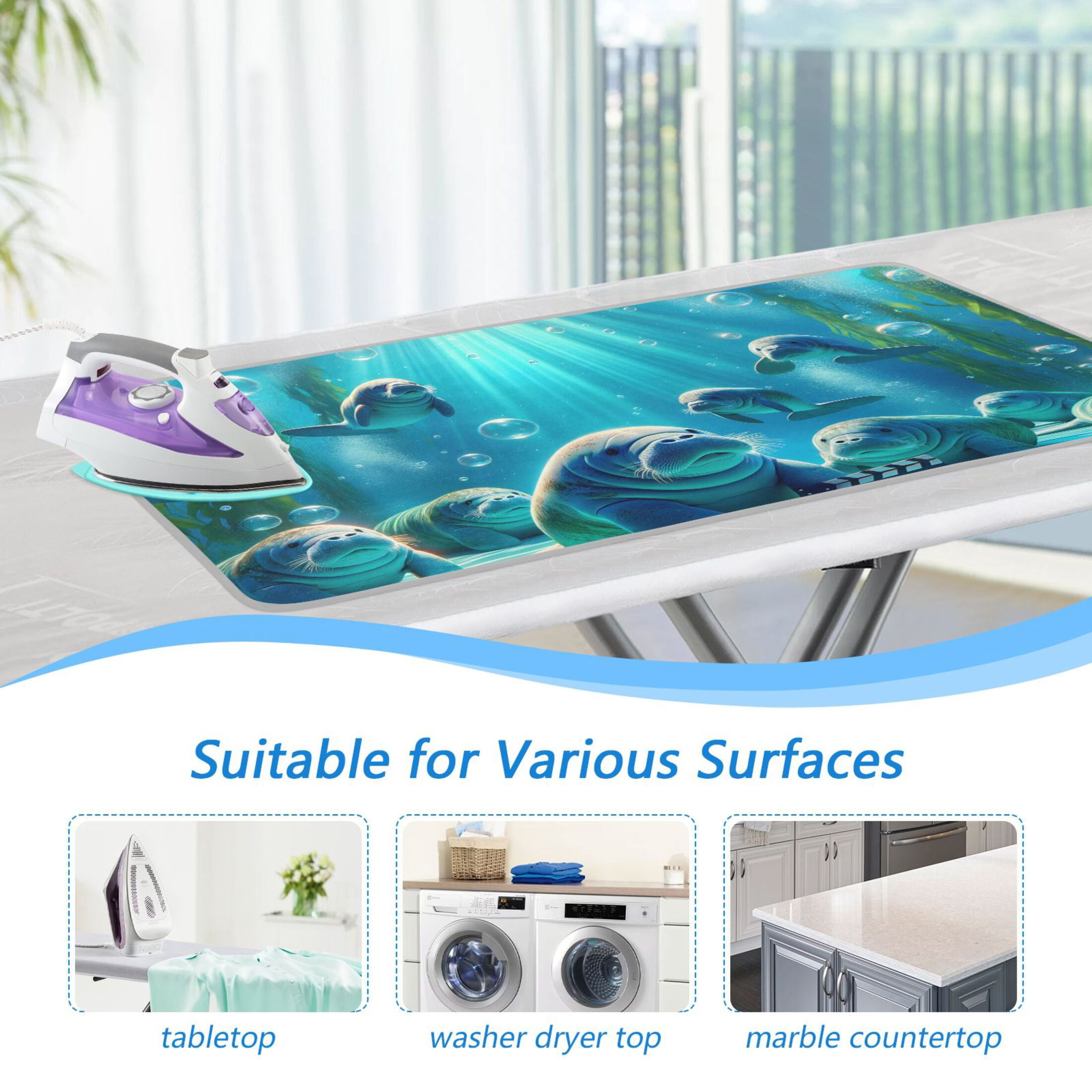 Cute Seals in Sea Water Plants Ironing Mat Blanket Portable Travel Ironing Pad Heat Resistant Pad 47.2" x 27.6”