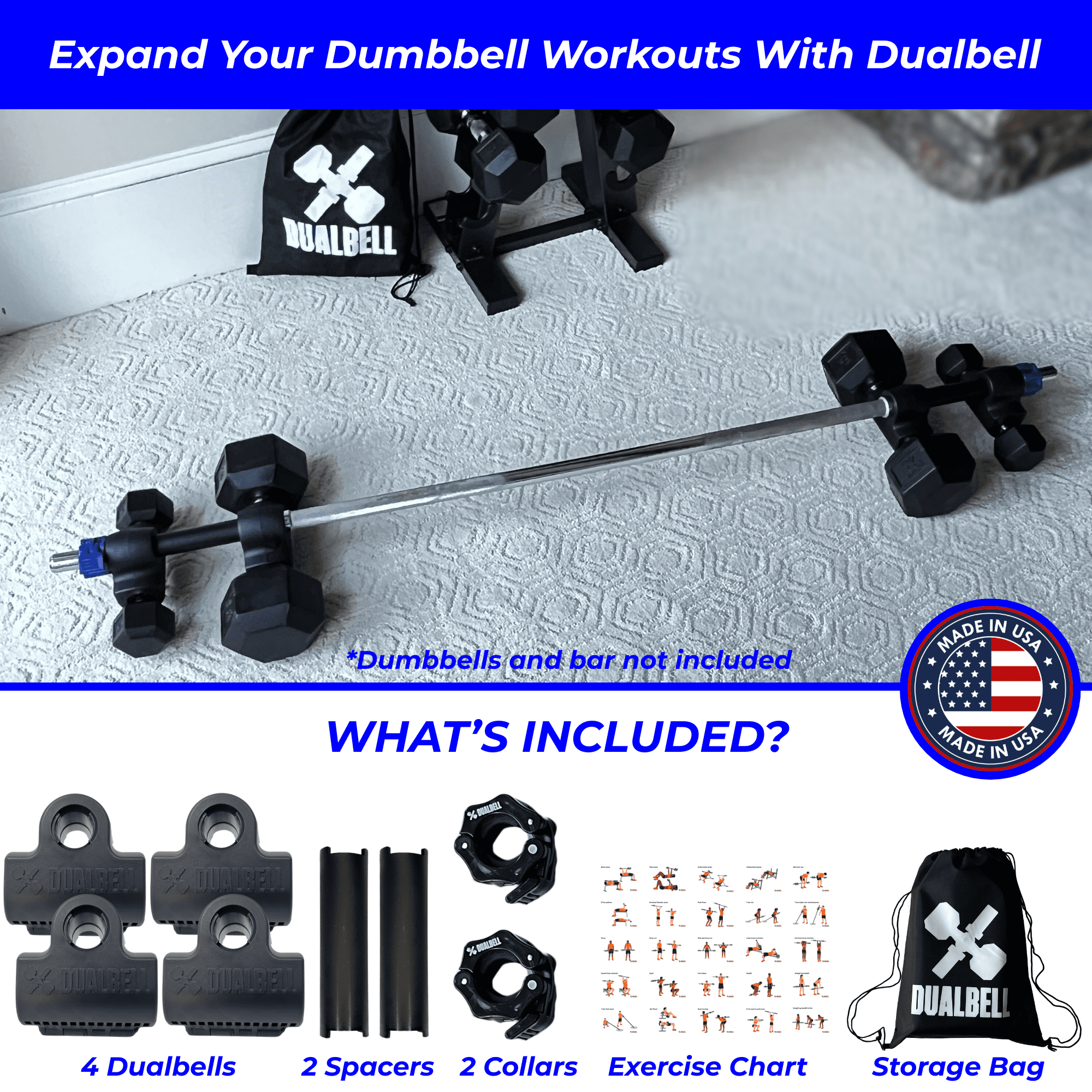 Dualbell Dumbbell Converters Superset w/Black Collars for 1" Bar- Dumbbells to Barbell Adapters