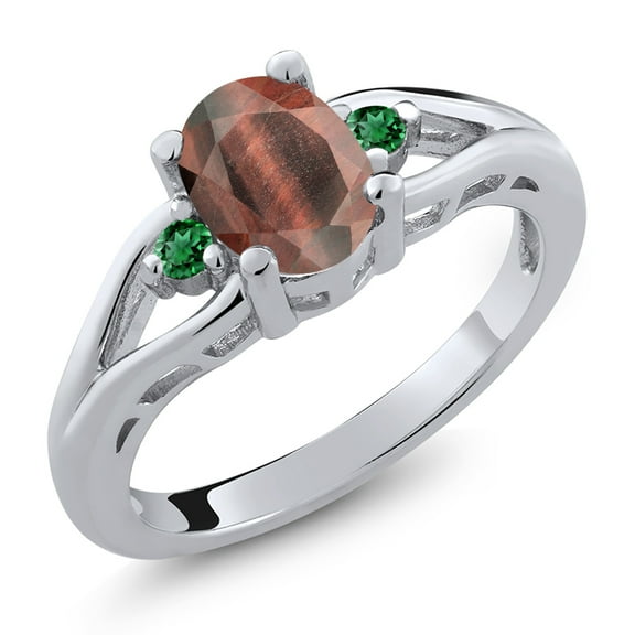 Gem Stone King 925 Sterling Silver Red Tiger Eye and Green Nano Emerald 3 Stone Engagement Ring for Women | 1.30 Cttw | Oval 8X6MM | Round 2MM | Gemstone Birthstone | Size 7