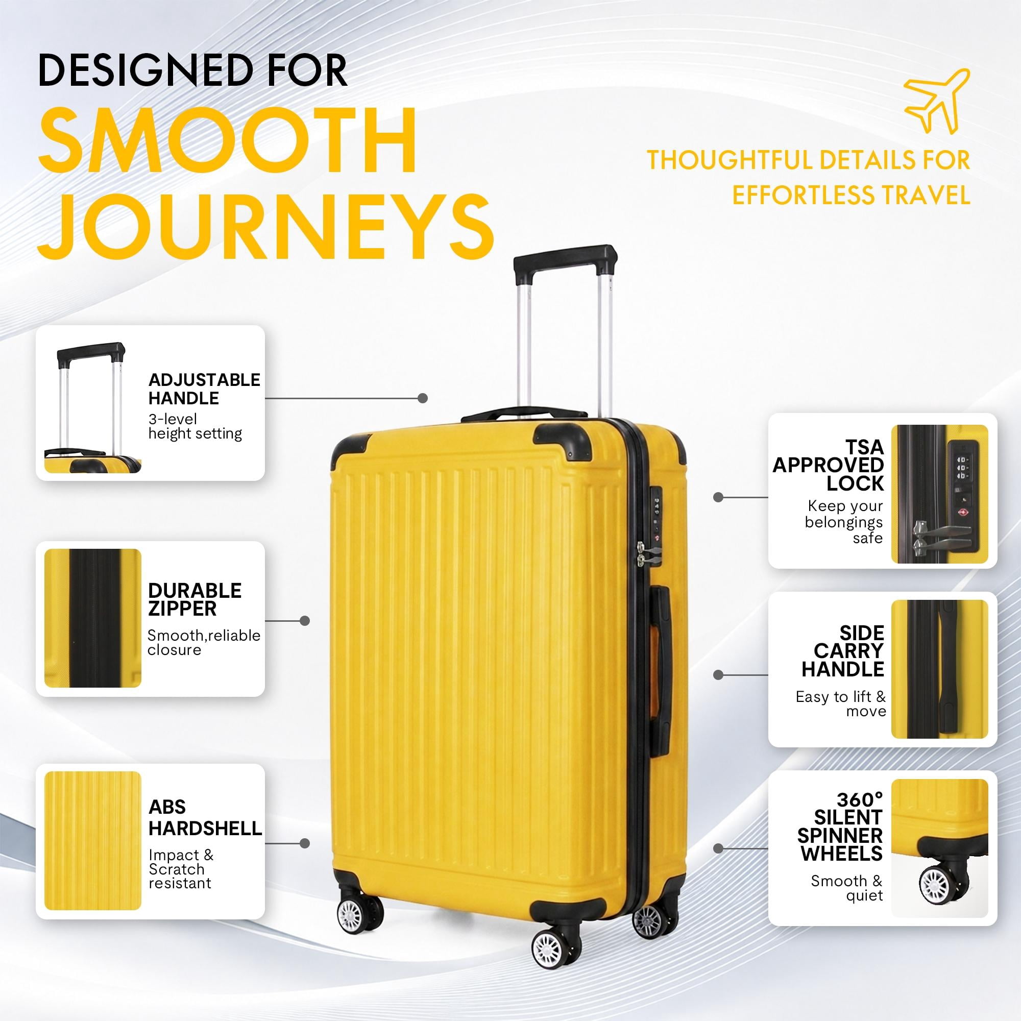 3-Piece ABS Hardshell Luggage Set, Lightweight Scratch-Resistant Suitcases with Silent Spinner Wheels & TSA Lock, Lemon Yellow