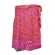 Mogul Ladies  Wrap Around Skirt Pink Printed Reversible Silk Sari Two Layer Magic Mini Skirts