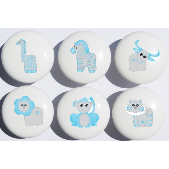 Blue Safari Drawer Pulls / Jungle Ceramic Cabinet Knobs / Blue Nursery Drawer Pulls / Set of 6
