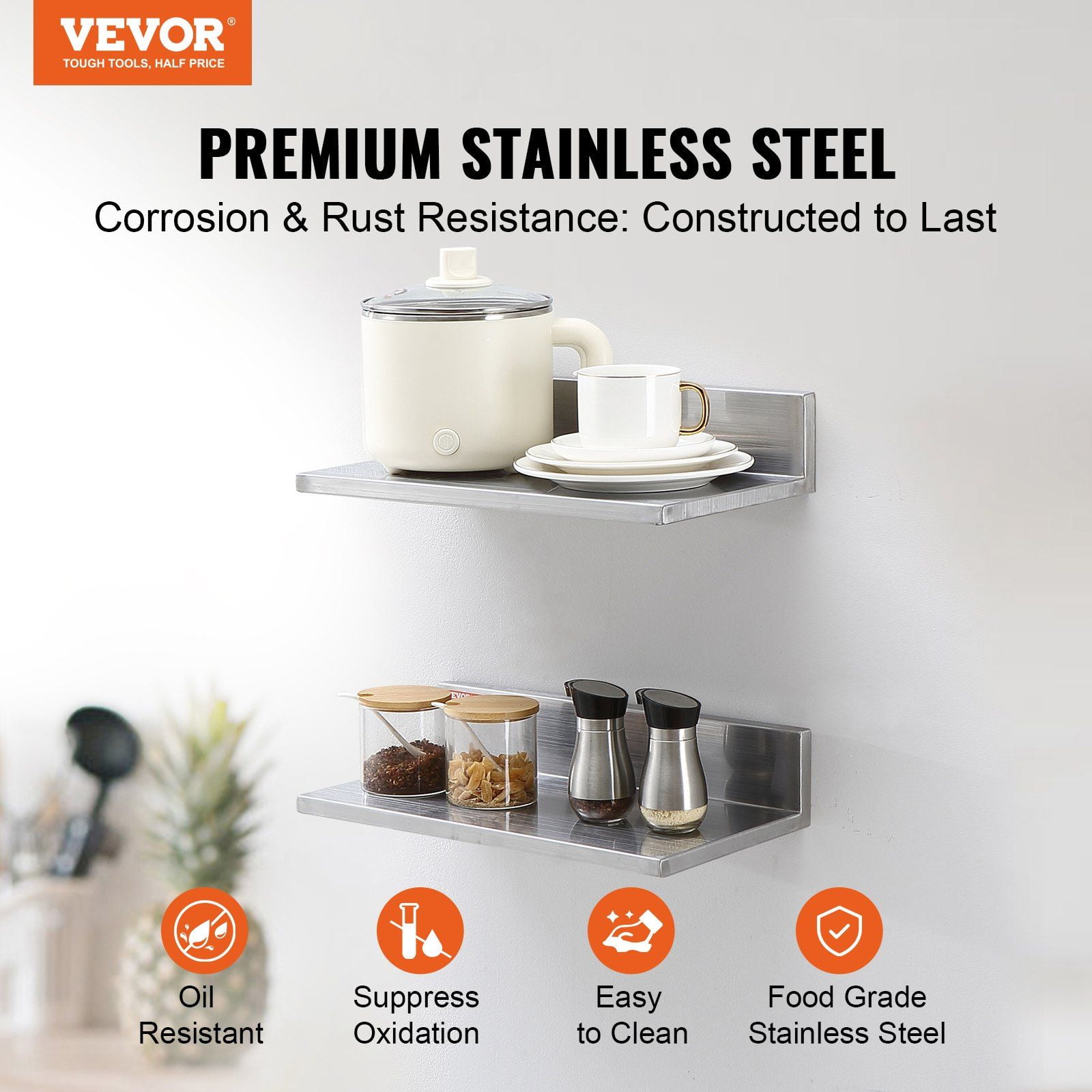 8.6x16 Inch Stainless Steel Wall Mounted Floating Shelf with Backsplash 44 lbs Load Capacity Heavy Duty Commercial Storage Rack for Restaurant Kitchen Bar Home Hotel