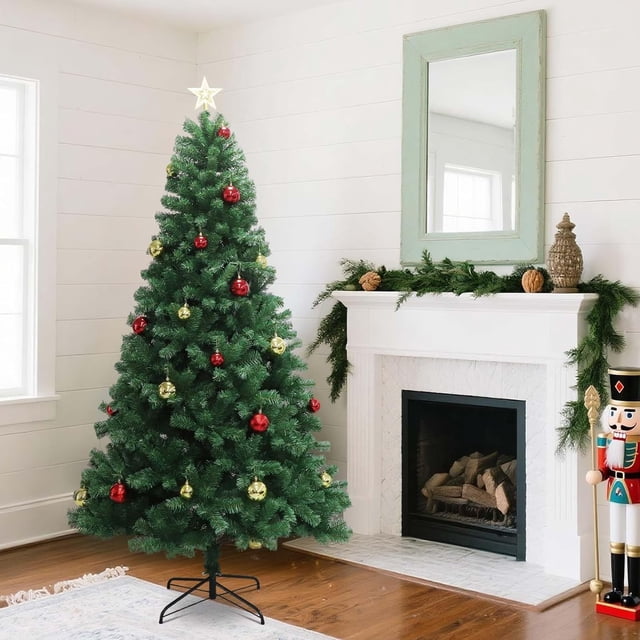 Pre-Lit Artificial Christmas Tree with LED Lights, Star Topper, Ornaments & Base, Quick Assembly for Indoor/Outdoor Holiday Décor