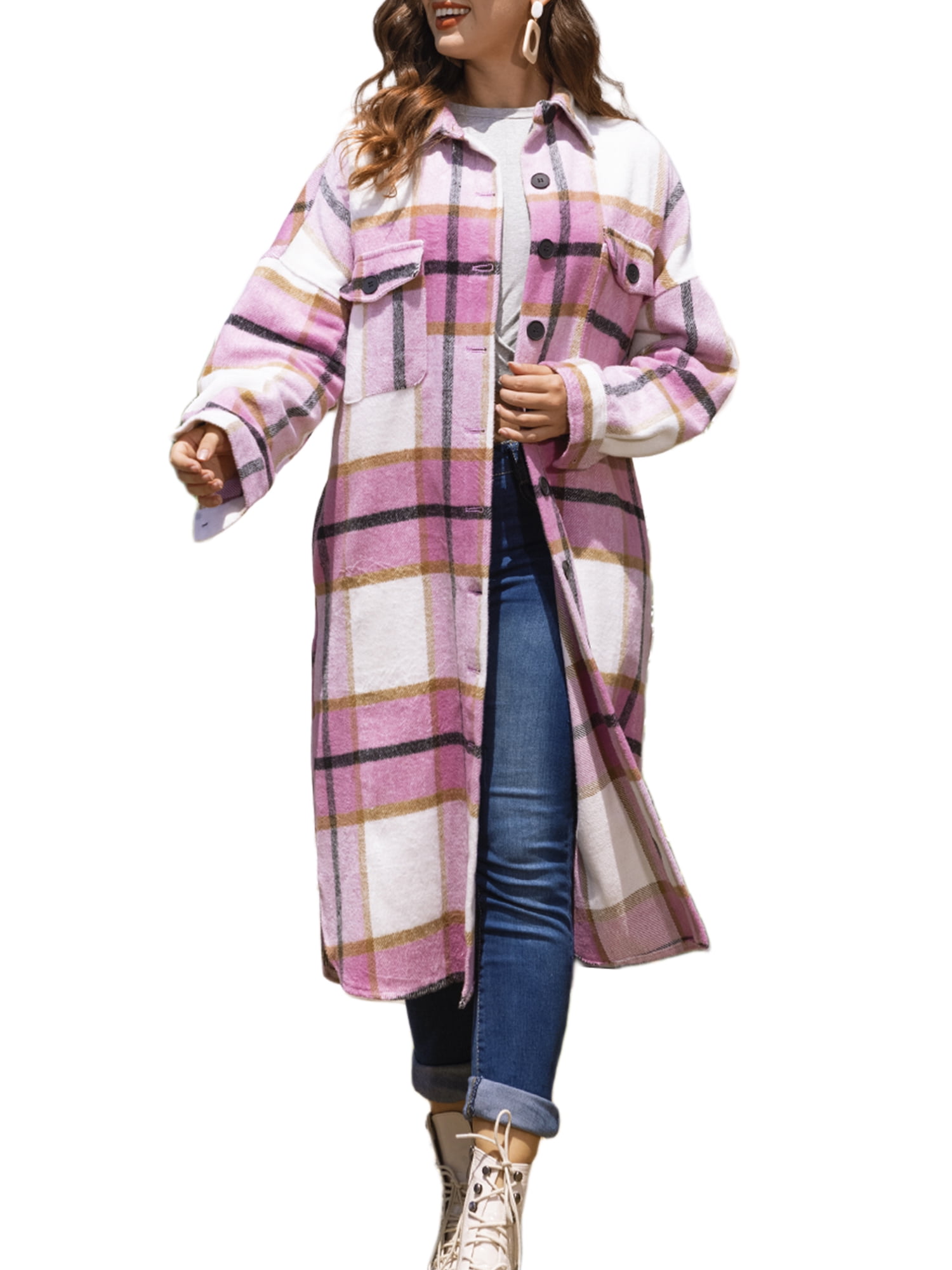Bebiullo Women Autumn Vintage Thermal Coat with Slit Design, Plaid Printed  Pattern Button-down Overcoat, Warm Surcoat Plus Size Pink XL