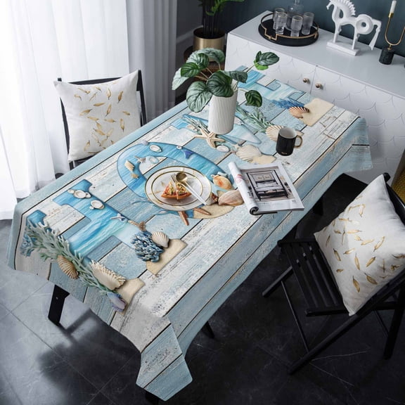 Coastal Summer Beach Tablecloth Rectangle Table Cloth 60x120 , Waterproof Tablecloth Outdoor Table Cloth, Blue Wooden Shell Ocean Washable Table Cover for Kitchen Dining Party