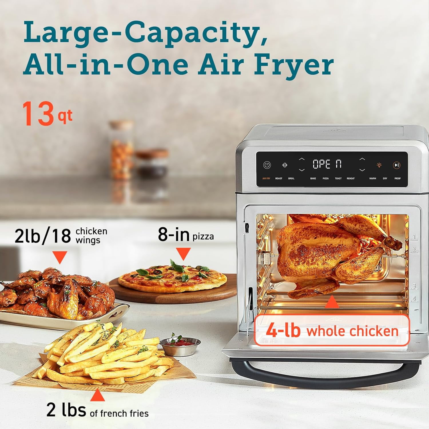 COSORI Air Fryer Toaster Oven, 13 Qt Airfryer Fits 8" Pizza, 11-in-1 Functions, CAF-R121-SUS, Silver