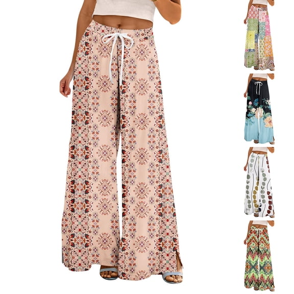 Wide Leg Pants for Women BWASD Casual Loose Flowy Print Sweatpants Pockets Boho Lightweight Baggy Elastic Trousers Pink S-XXXL Summer Vacation Travel Fashion 2026